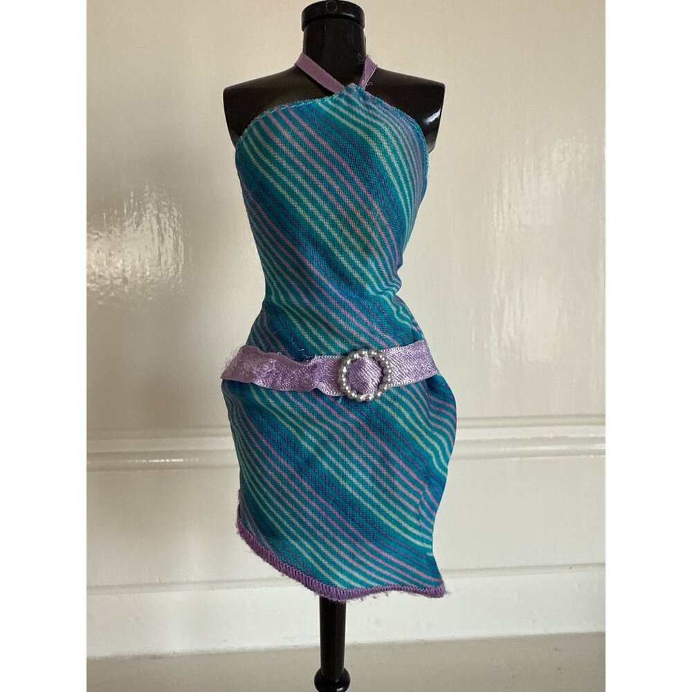 Barbie Doll Halter Party Dress With Belt Purple & Teal Striped Design